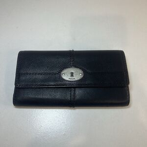 Fossil Maddox Marlow Leather Flap Clutch Wallet Black Vintage Tri-Fold Keyhole